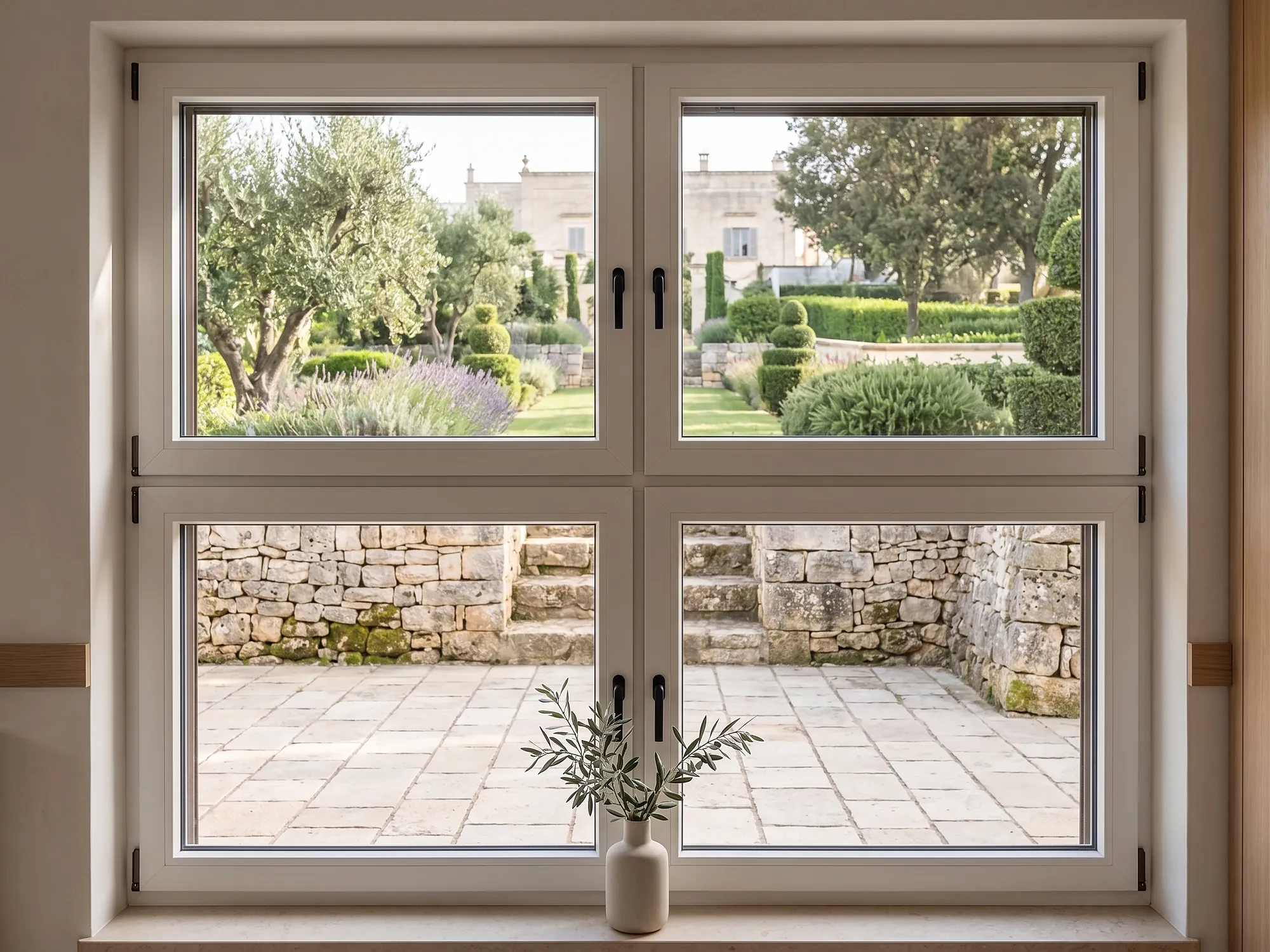 Ventana de madera laminada con doble acristalamiento, vista al jardín de piedra