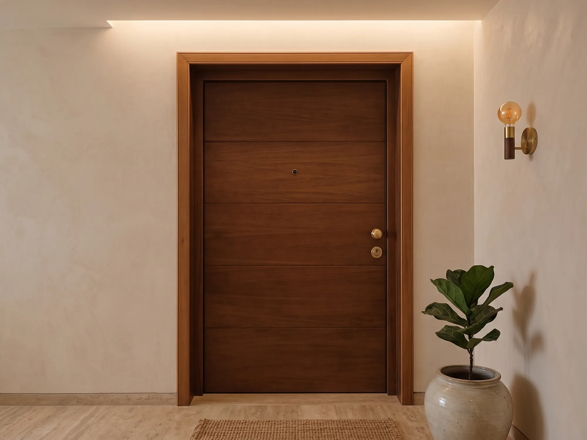 Puerta acorazada revestida de nogal con tirador empotrado y cilindro europeo